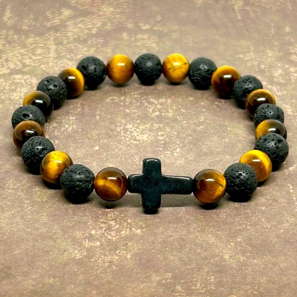 Ashley Tree Jewelry Other - Handmade Men’s Cross Beaded Bracelet with Natural Tiger Eye & Lava Stone…